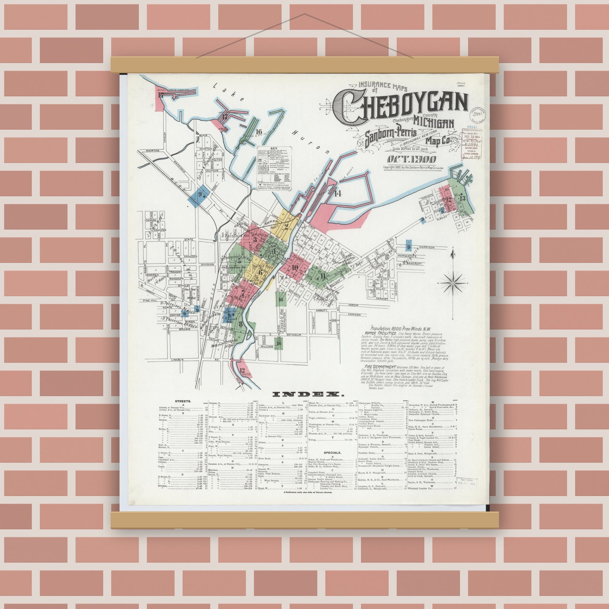 Old map wall art mockup — magnetic wood frame on brick wall — Sanborn Fire Insurance Map from Cheboygan, Cheboygan County, Michigan (1900), Sheet #0001
