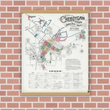 Old map wall art mockup — magnetic wood frame on brick wall — Sanborn Fire Insurance Map from Cheboygan, Cheboygan County, Michigan (1900), Sheet #0001