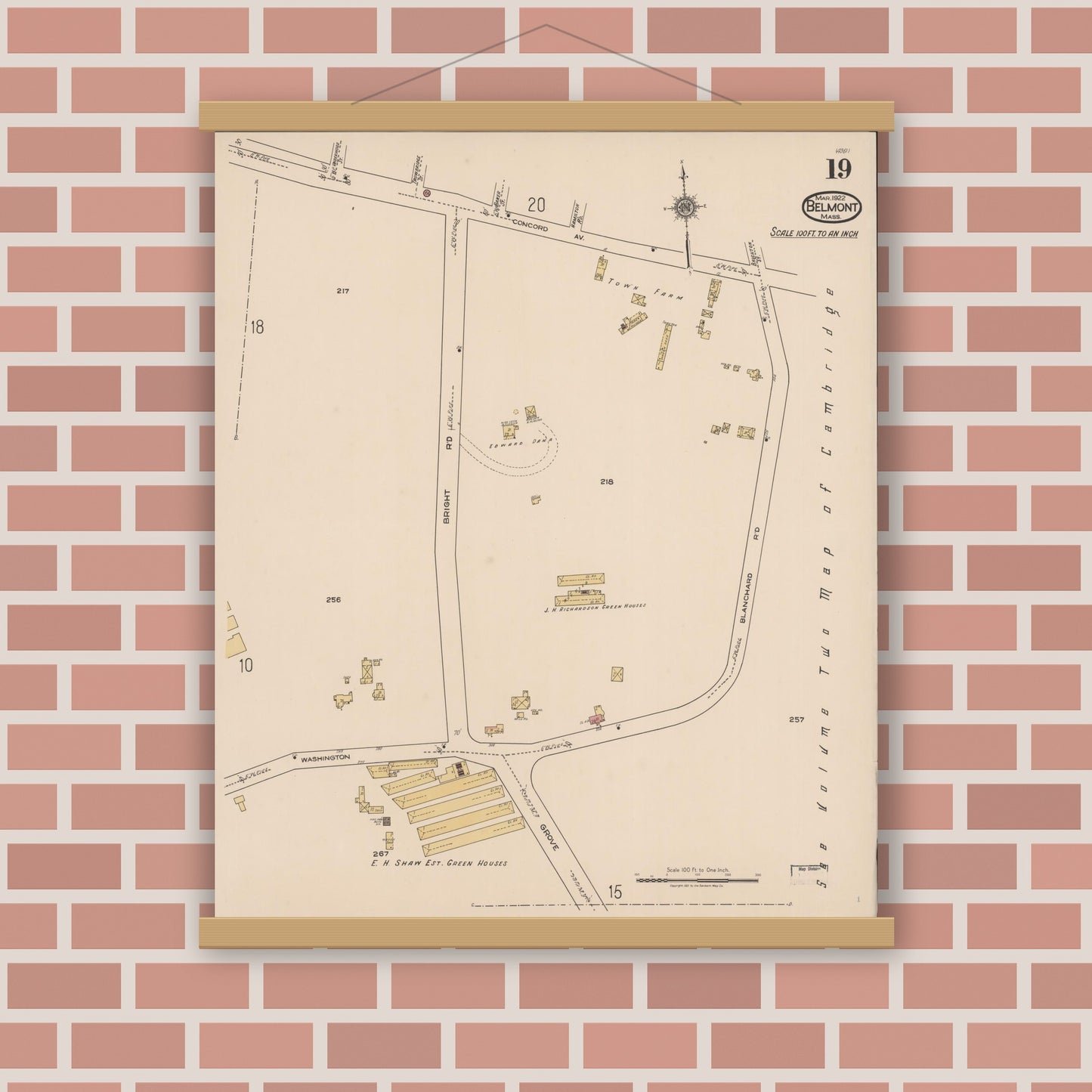 Old map wall art mockup — magnetic wood frame on brick wall — Sanborn Fire Insurance Map from Belmont, Middlesex County, Massachusetts (1922), Sheet #0019