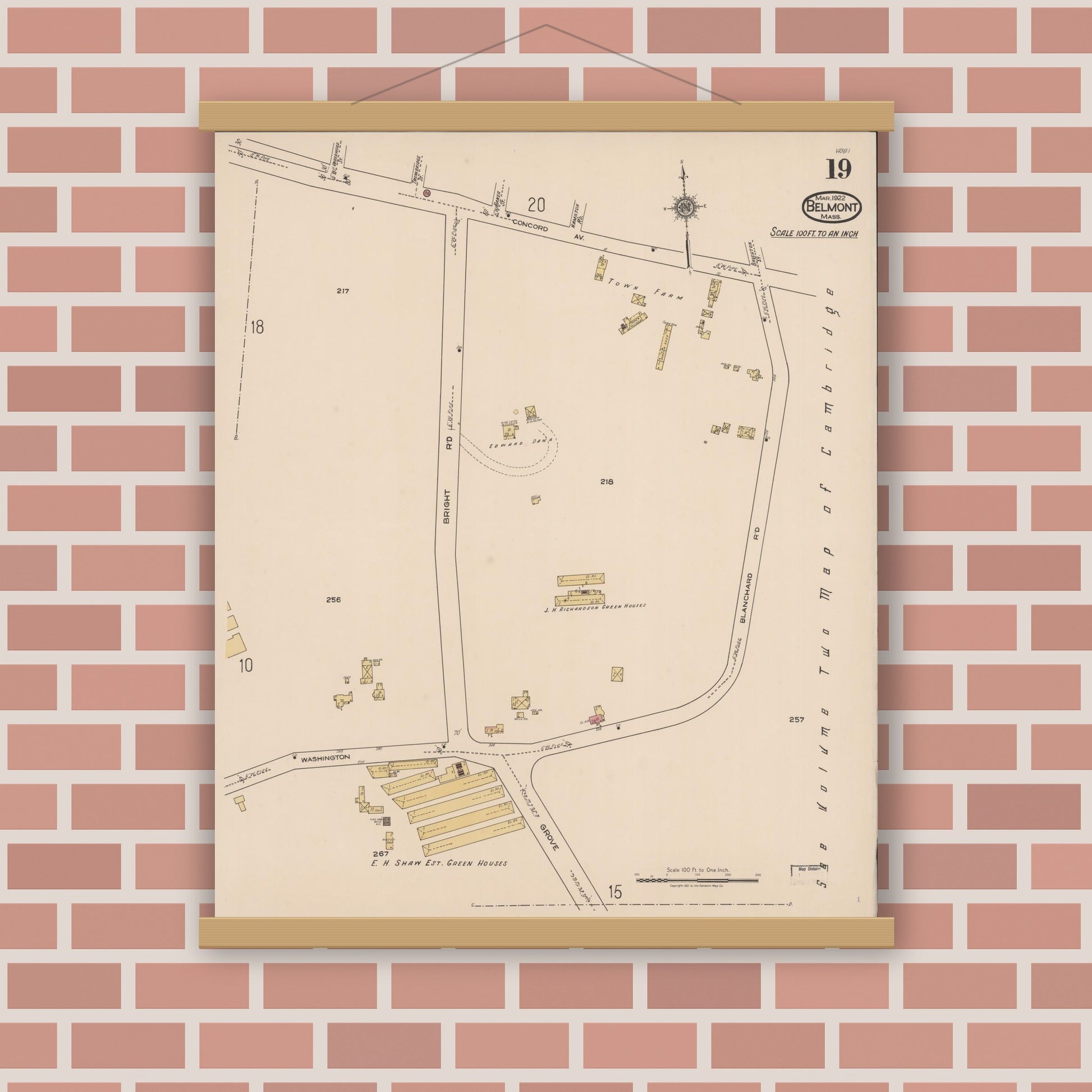 Old map wall art mockup — magnetic wood frame on brick wall — Sanborn Fire Insurance Map from Belmont, Middlesex County, Massachusetts (1922), Sheet #0019