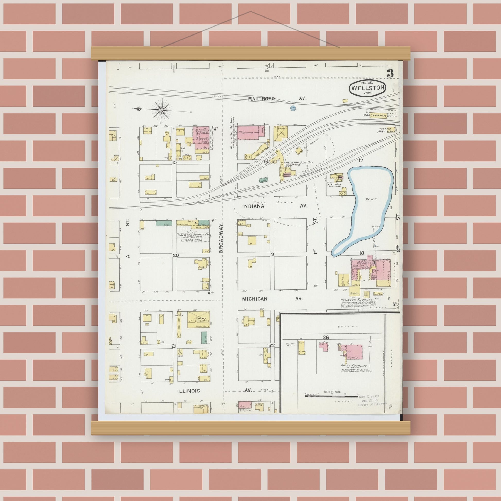 Old map wall art mockup — magnetic wood frame on brick wall — Sanborn Fire Insurance Map from Wellston, Jackson County, Ohio (1892), Sheet #0003