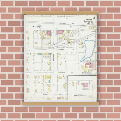 Old map wall art mockup — magnetic wood frame on brick wall — Sanborn Fire Insurance Map from Wellston, Jackson County, Ohio (1892), Sheet #0003