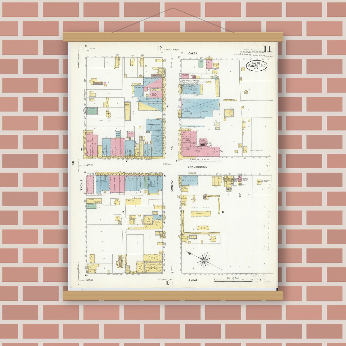 Old map wall art mockup — magnetic wood frame on brick wall — Sanborn Fire Insurance Map from San Angelo, Tom Green County, Texas (1908), Sheet #0011