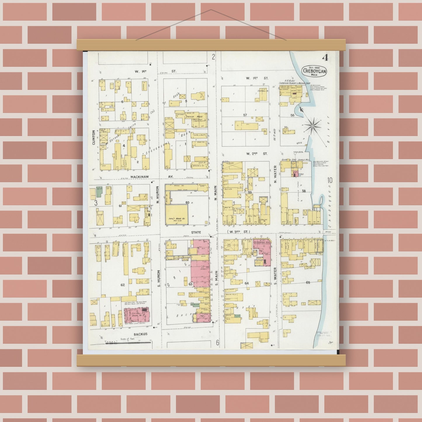 Old map wall art mockup — magnetic wood frame on brick wall — Sanborn Fire Insurance Map from Cheboygan, Cheboygan County, Michigan (1900), Sheet #0004