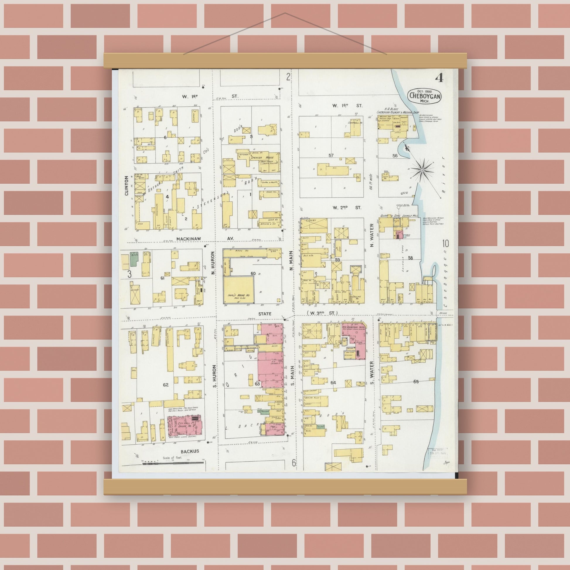 Old map wall art mockup — magnetic wood frame on brick wall — Sanborn Fire Insurance Map from Cheboygan, Cheboygan County, Michigan (1900), Sheet #0004