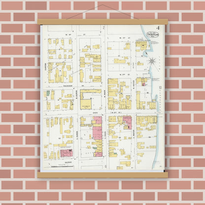Old map wall art mockup — magnetic wood frame on brick wall — Sanborn Fire Insurance Map from Cheboygan, Cheboygan County, Michigan (1900), Sheet #0004