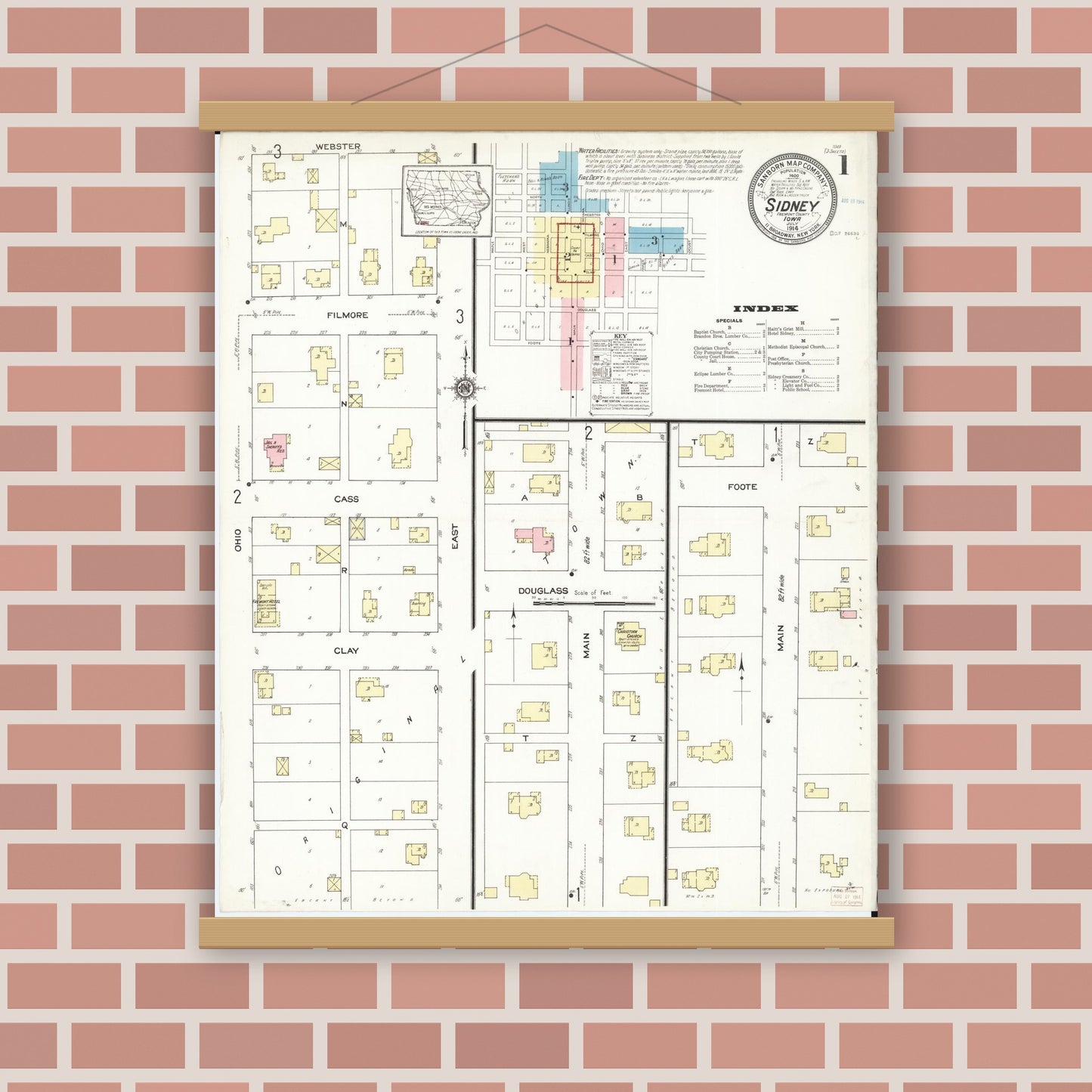 Old map wall art mockup — magnetic wood frame on brick wall — Sanborn Fire Insurance Map from Sidney, Fremont County, Iowa (1914) â€” Complete Set