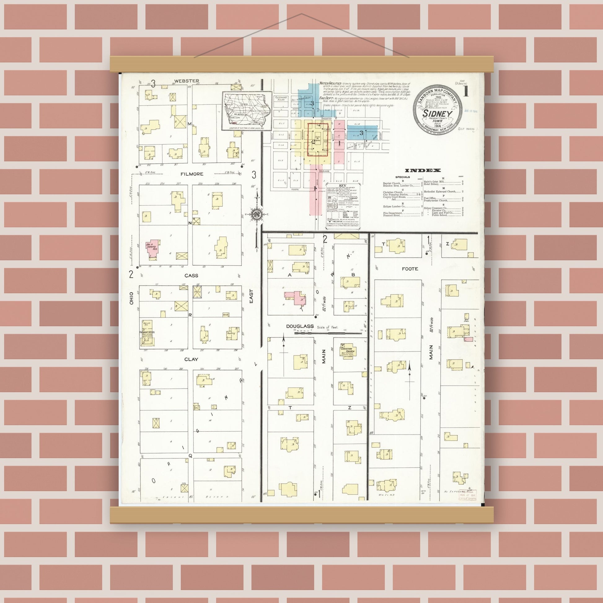 Old map wall art mockup — magnetic wood frame on brick wall — Sanborn Fire Insurance Map from Sidney, Fremont County, Iowa (1914) â€” Complete Set
