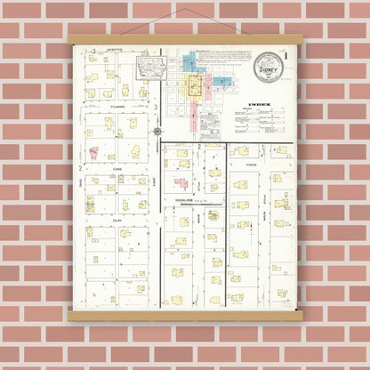 Old map wall art mockup — magnetic wood frame on brick wall — Sanborn Fire Insurance Map from Sidney, Fremont County, Iowa (1914) â€” Complete Set