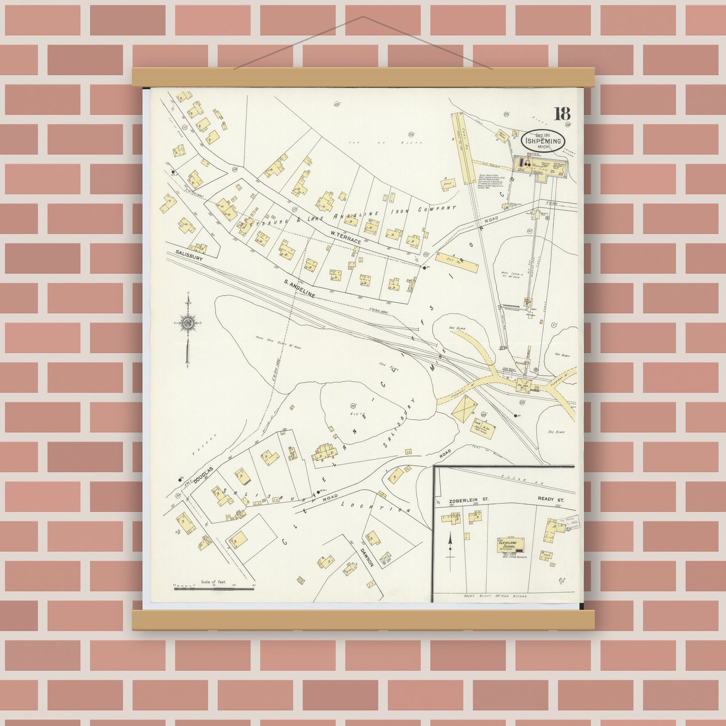 Old map wall art mockup — magnetic wood frame on brick wall — Sanborn Fire Insurance Map from Ishpeming, Marquette County, Michigan (1911), Sheet #0018