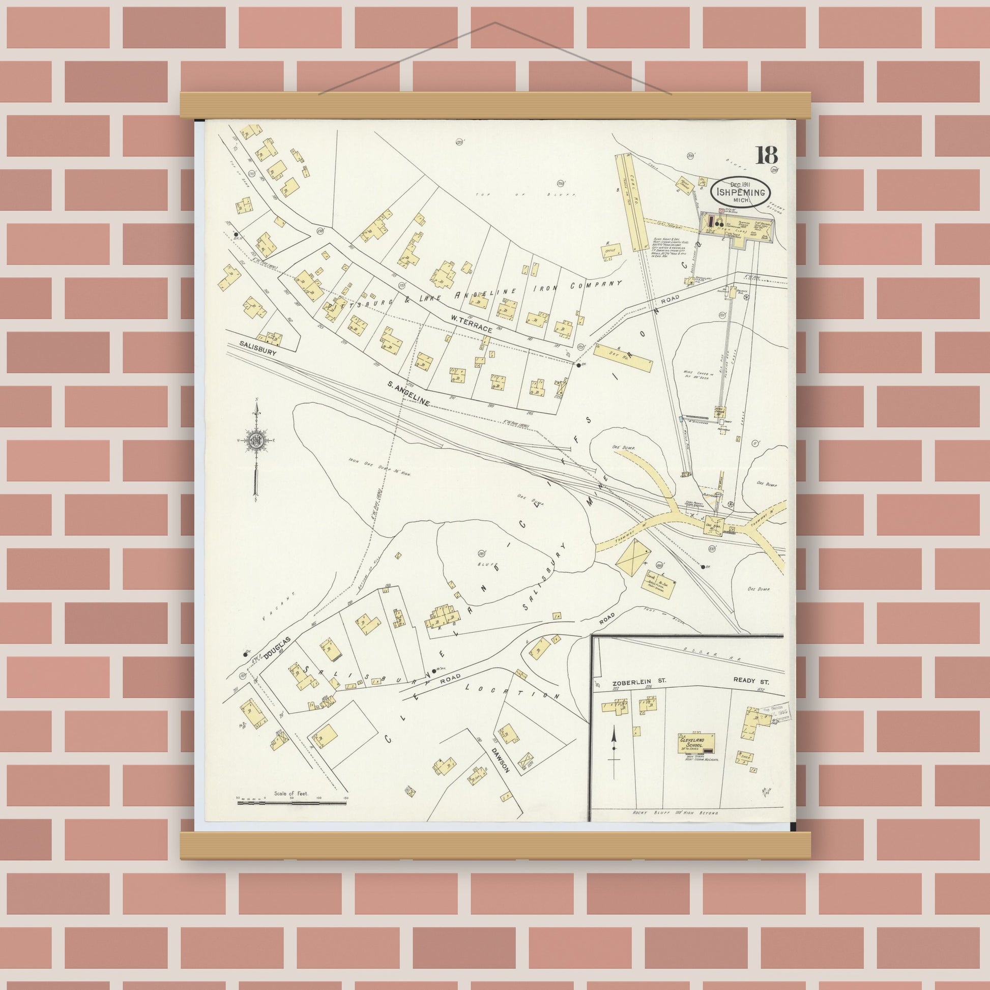Old map wall art mockup — magnetic wood frame on brick wall — Sanborn Fire Insurance Map from Ishpeming, Marquette County, Michigan (1911), Sheet #0018