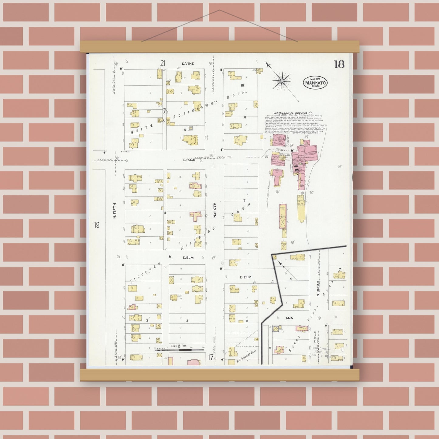 Old map wall art mockup — magnetic wood frame on brick wall — Sanborn Fire Insurance Map from Mankato, Blue Earth County, Minnesota (1908), Sheet #0018