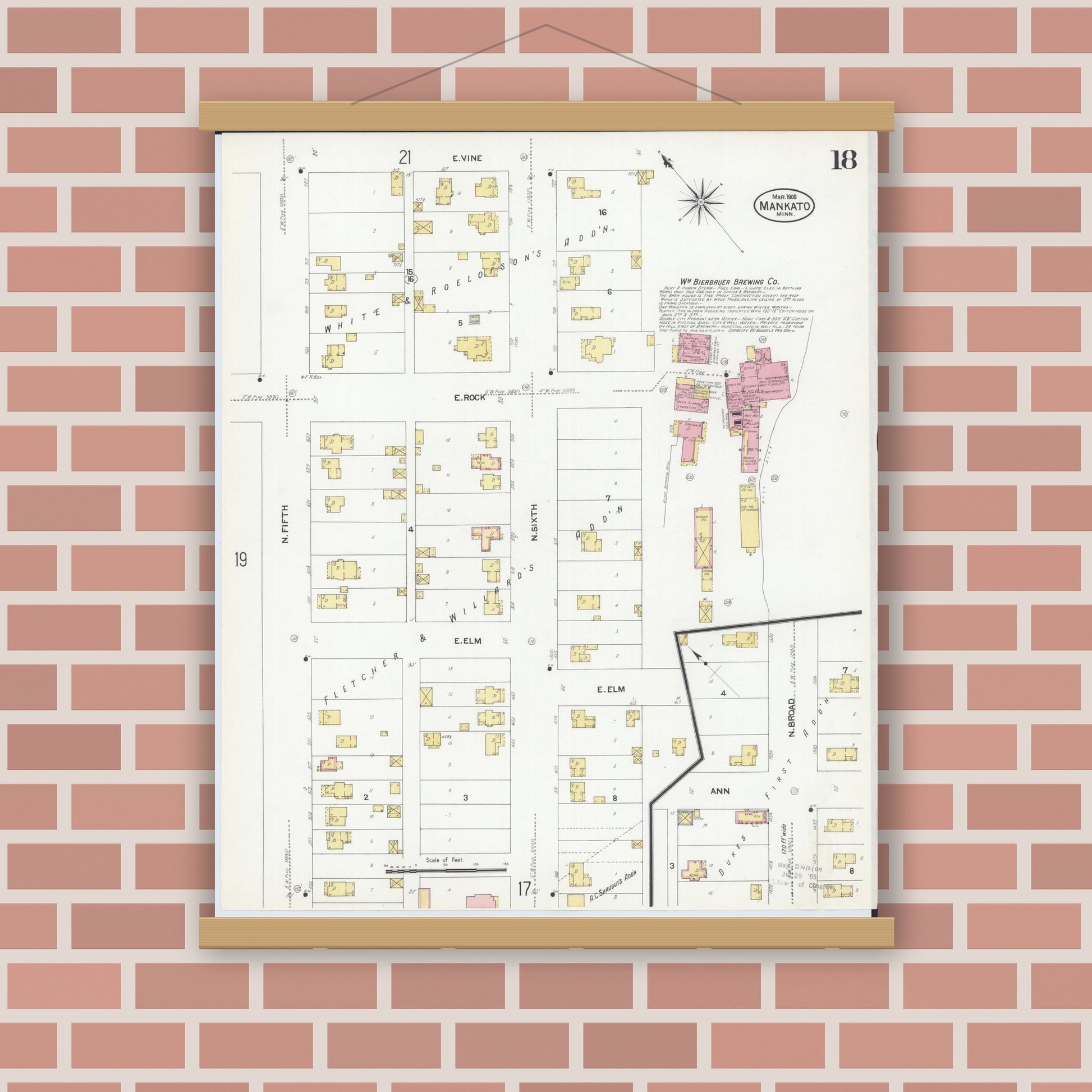 Old map wall art mockup — magnetic wood frame on brick wall — Sanborn Fire Insurance Map from Mankato, Blue Earth County, Minnesota (1908), Sheet #0018