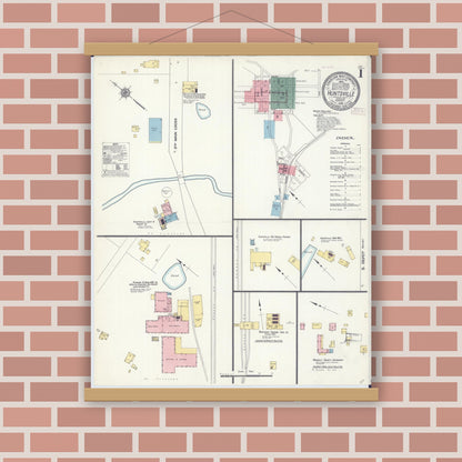 Old map wall art mockup — magnetic wood frame on brick wall — Sanborn Fire Insurance Map from Huntsville, Randolph County, Missouri (1910), Sheet #0001