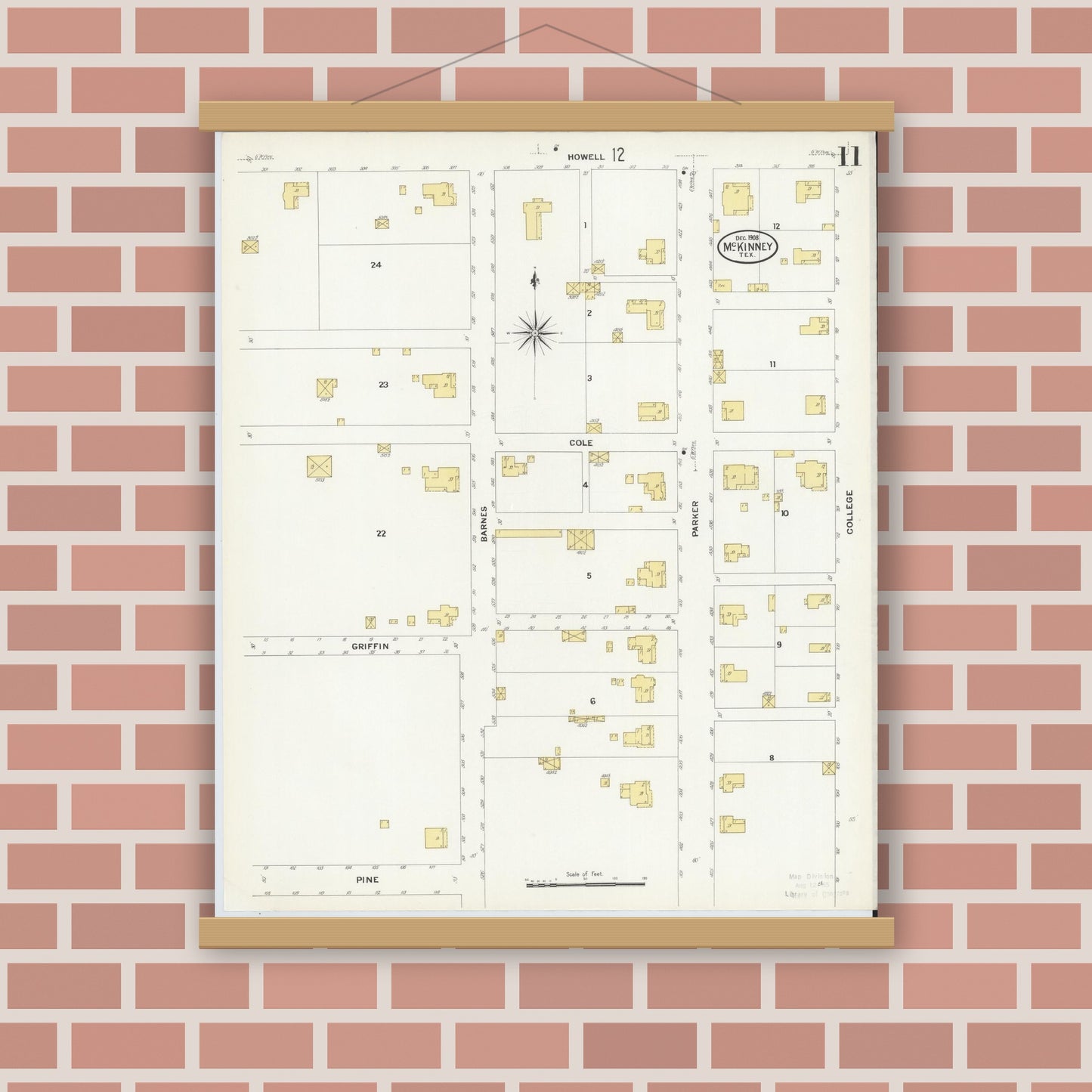 Old map wall art mockup — magnetic wood frame on brick wall — Sanborn Fire Insurance Map from McKinney, Collin County, Texas (1908), Sheet #0011