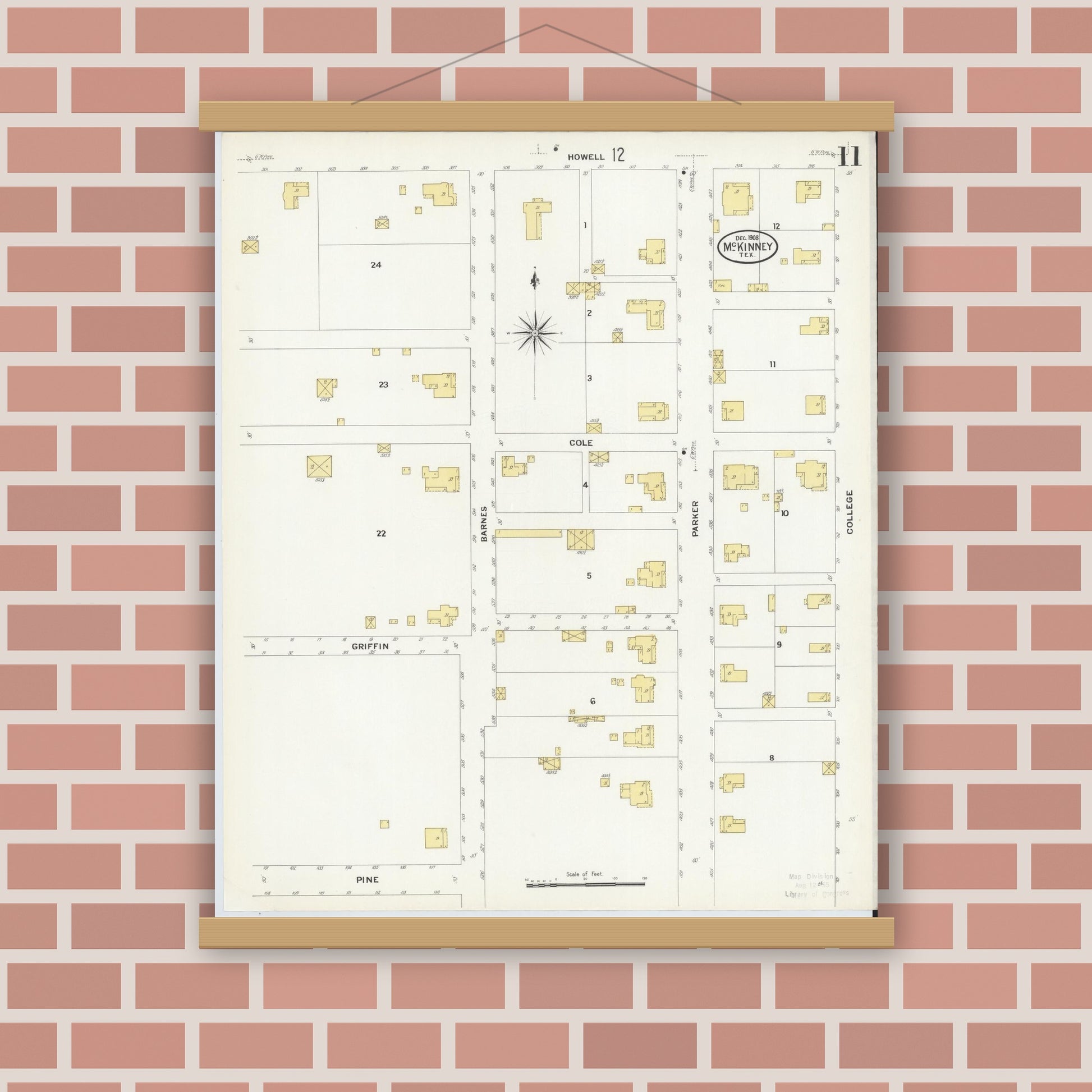 Old map wall art mockup — magnetic wood frame on brick wall — Sanborn Fire Insurance Map from McKinney, Collin County, Texas (1908), Sheet #0011