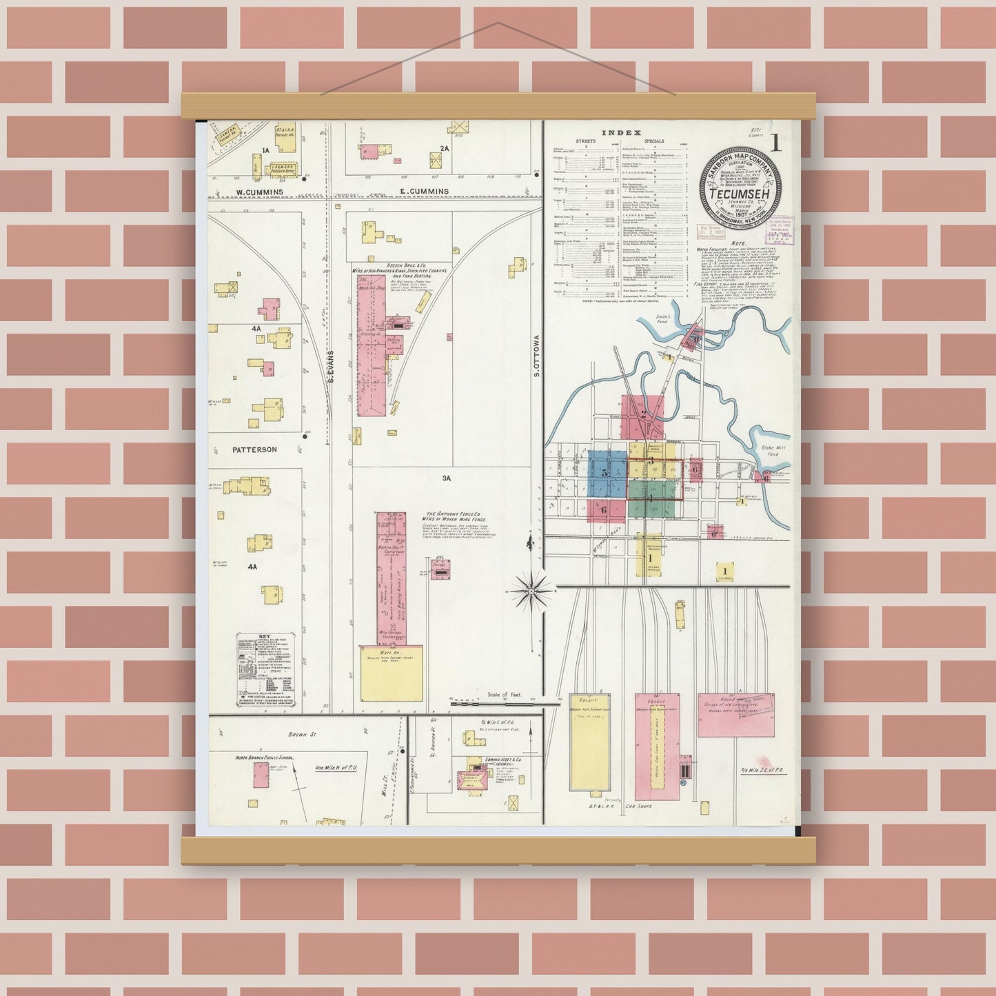 Old map wall art mockup — magnetic wood frame on brick wall — Sanborn Fire Insurance Map from Tecumseh, Lenawee County, Michigan (1907) - Complete Map Set