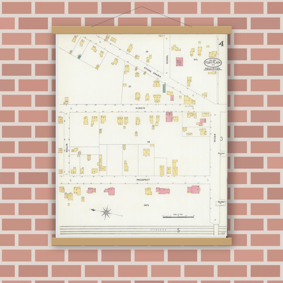 Old map wall art mockup — magnetic wood frame on brick wall — Sanborn Fire Insurance Map from Fort Plain, Montgomery County, New York (1906), Sheet #0004