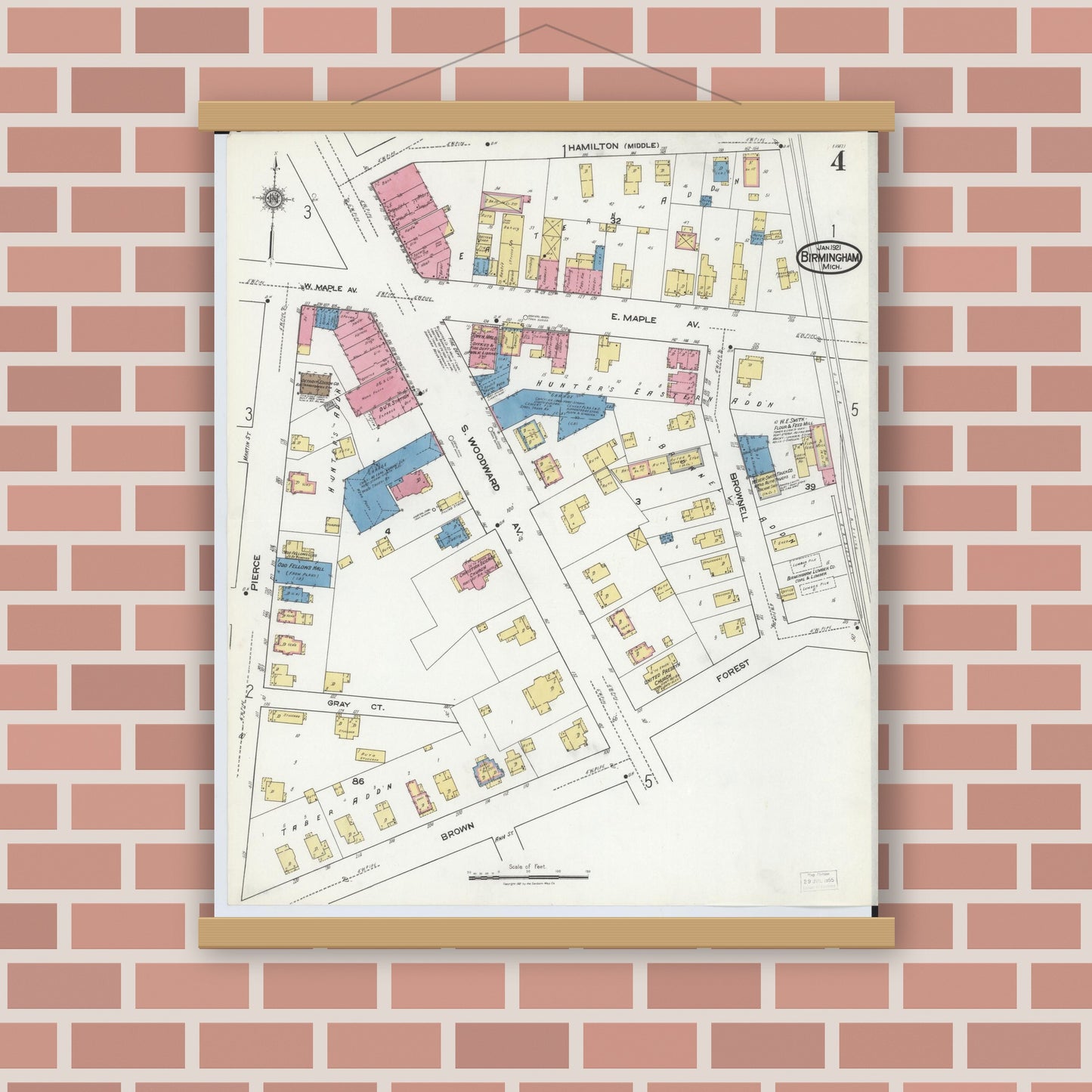 Old map wall art mockup — magnetic wood frame on brick wall — Sanborn Fire Insurance Map from Birmingham, Oakland County, Michigan (1921), Sheet #0004