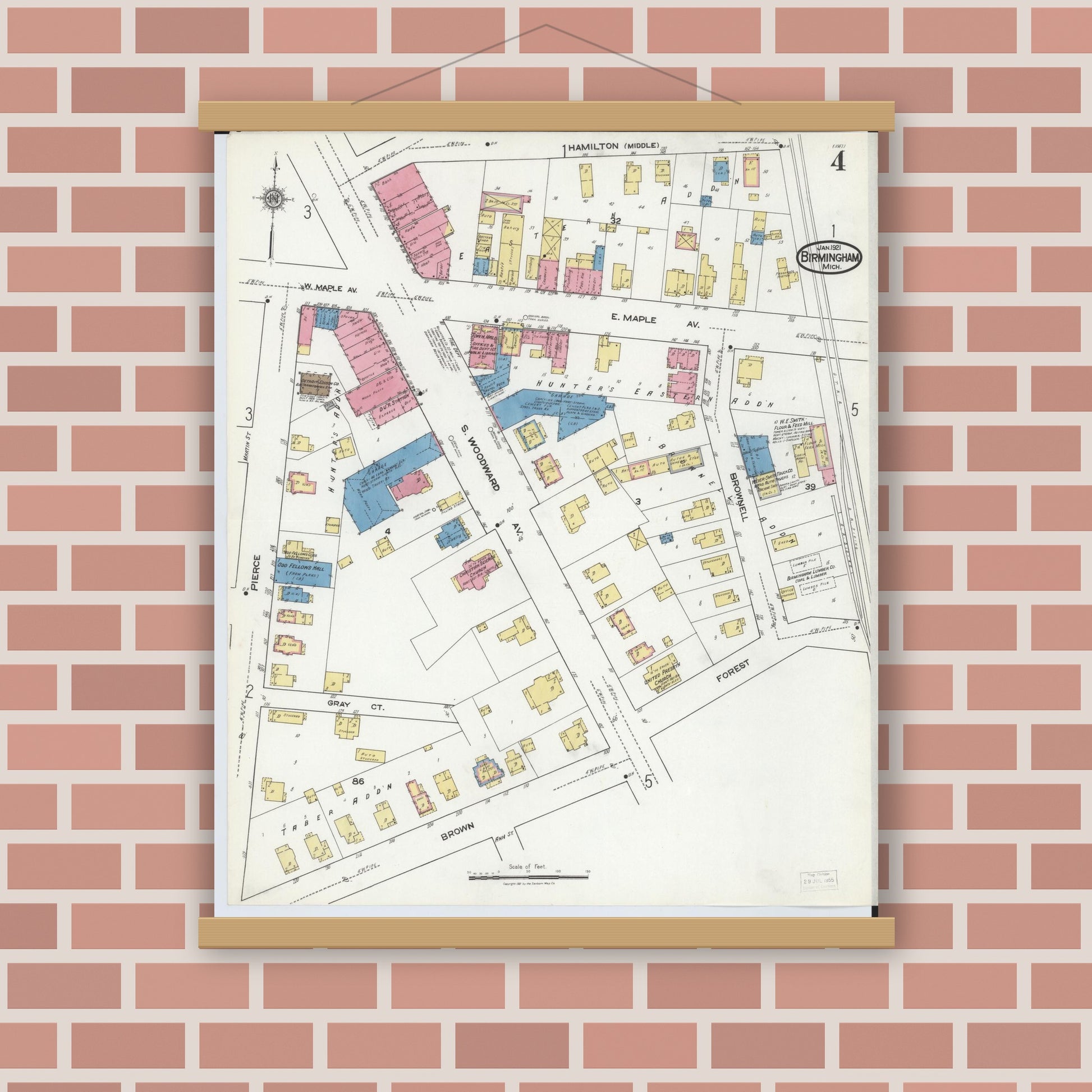 Old map wall art mockup — magnetic wood frame on brick wall — Sanborn Fire Insurance Map from Birmingham, Oakland County, Michigan (1921), Sheet #0004