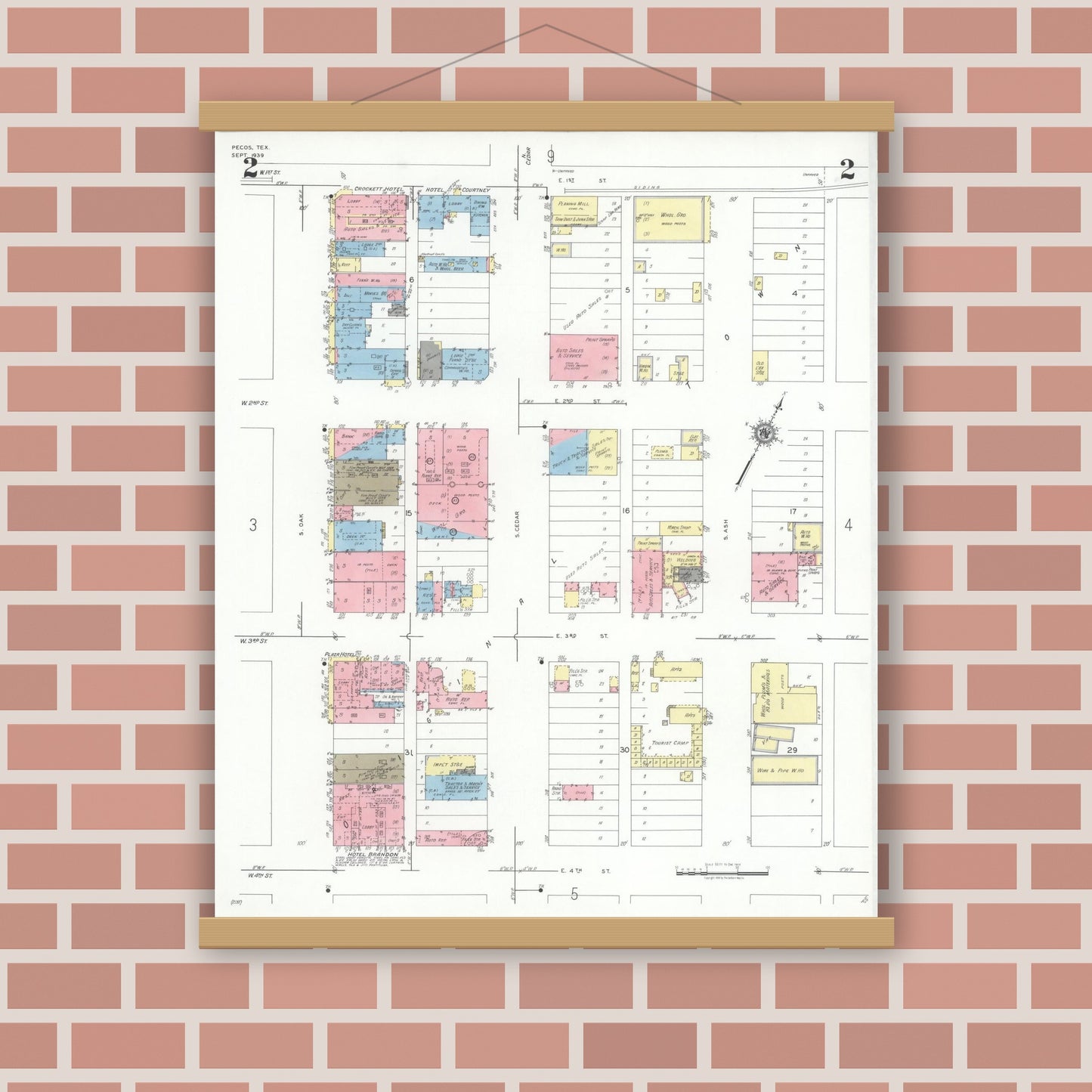 Old map wall art mockup — magnetic wood frame on brick wall — Sanborn Fire Insurance Map from Pecos, Reeves County, Texas (1939), Sheet #0002