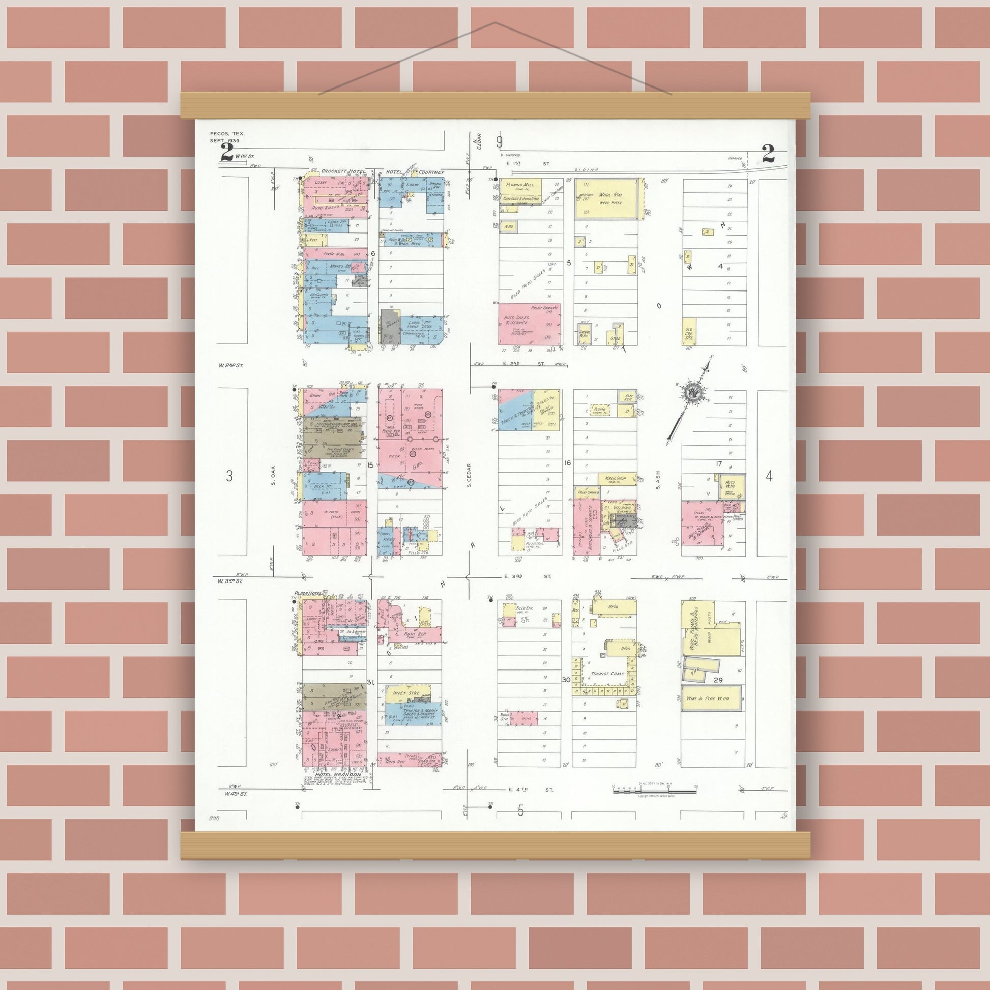 Old map wall art mockup — magnetic wood frame on brick wall — Sanborn Fire Insurance Map from Pecos, Reeves County, Texas (1939), Sheet #0002