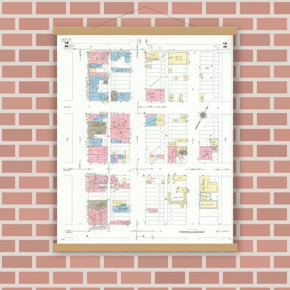Old map wall art mockup — magnetic wood frame on brick wall — Sanborn Fire Insurance Map from Pecos, Reeves County, Texas (1939), Sheet #0002