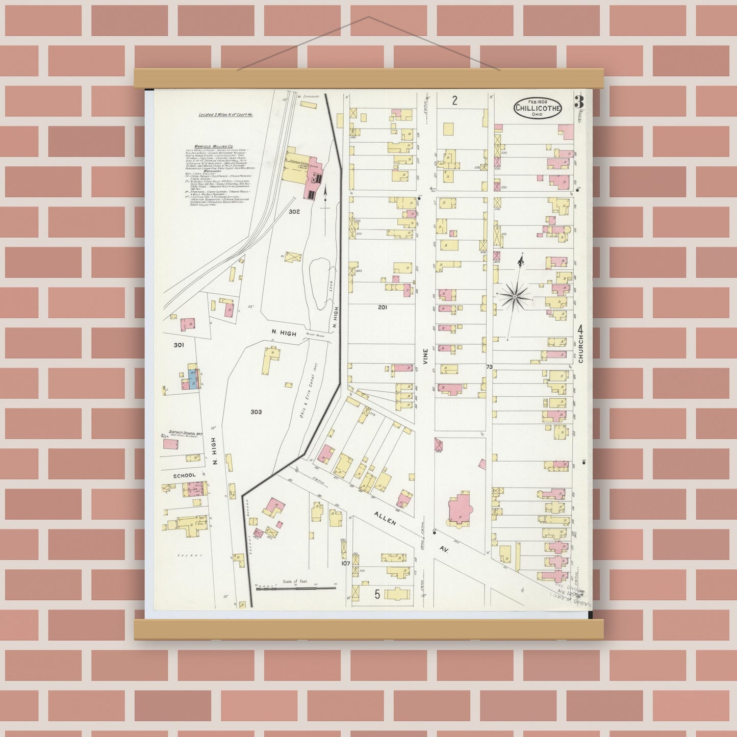 Old map wall art mockup — magnetic wood frame on brick wall — Sanborn Fire Insurance Map from Chillicothe, Ross County, Ohio (1909), Sheet #0003