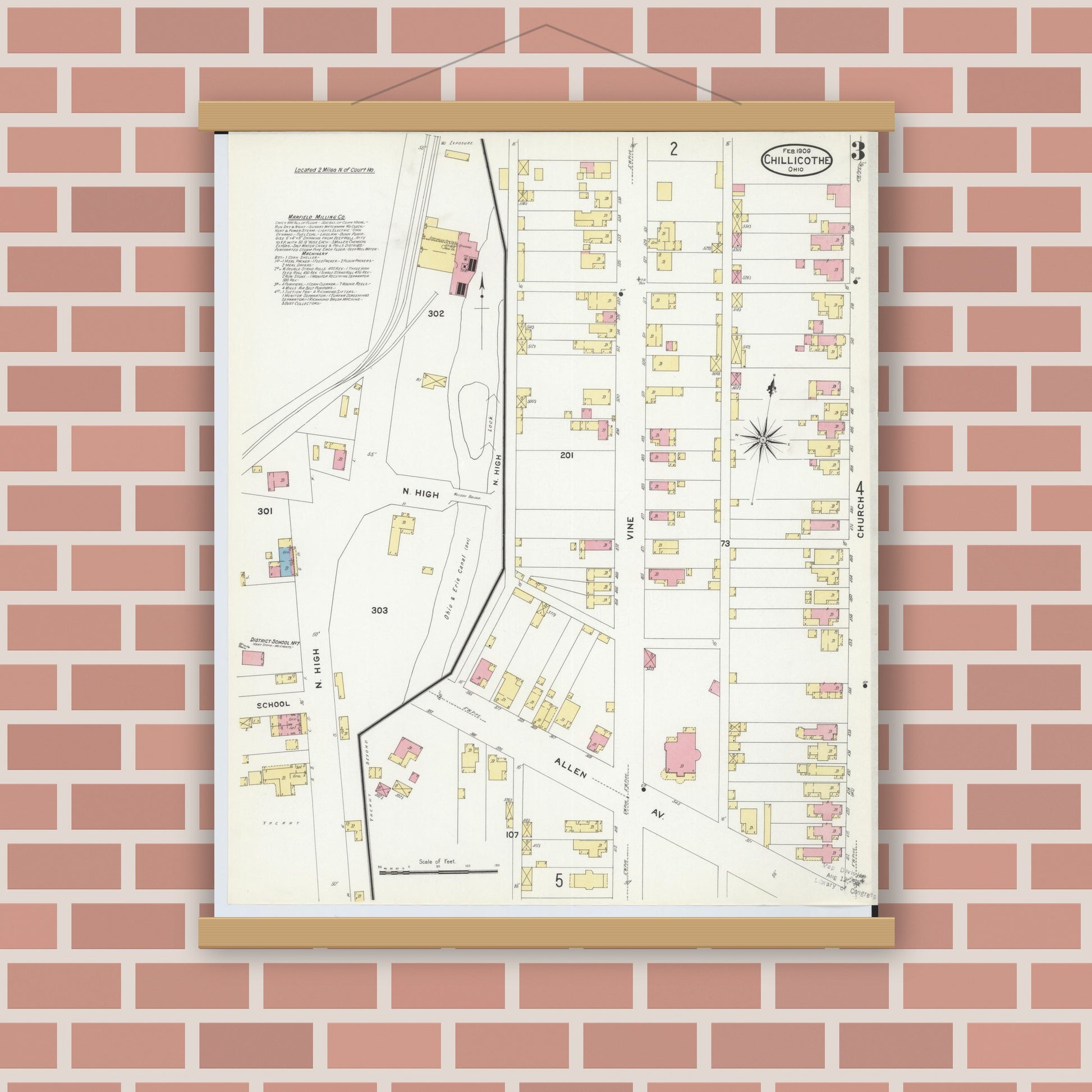 Old map wall art mockup — magnetic wood frame on brick wall — Sanborn Fire Insurance Map from Chillicothe, Ross County, Ohio (1909), Sheet #0003