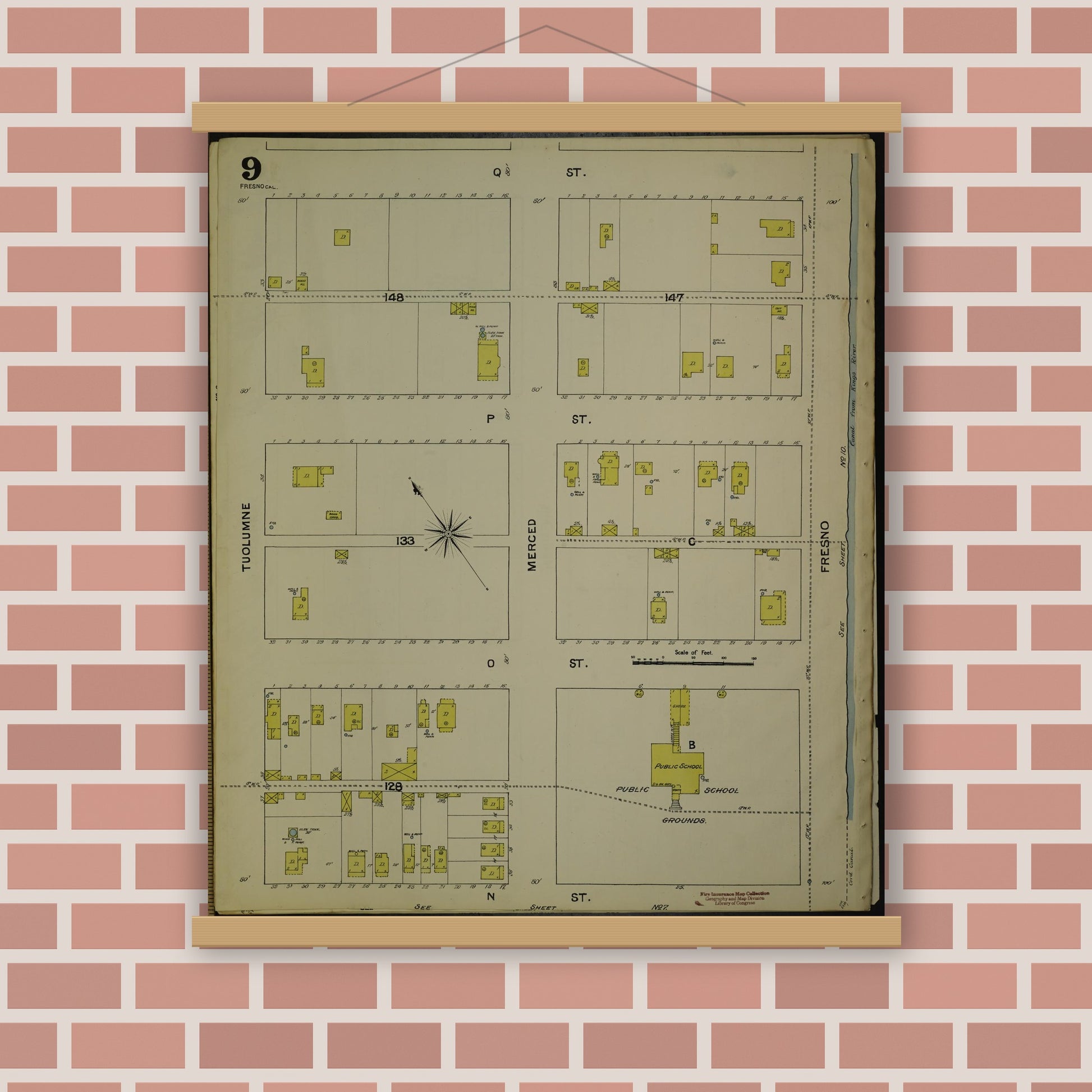 Old map wall art mockup — magnetic wood frame on brick wall — Sanborn Fire Insurance Map from Fresno, Fresno County, California (1888), Sheet #0009