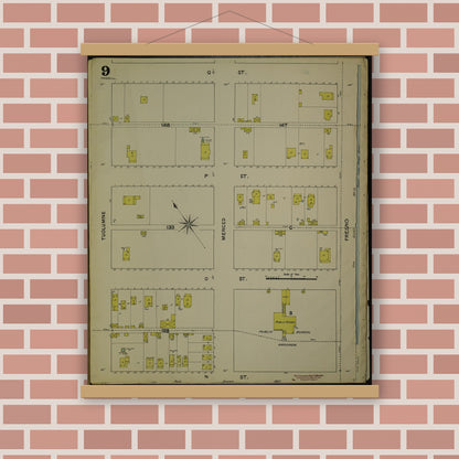 Old map wall art mockup — magnetic wood frame on brick wall — Sanborn Fire Insurance Map from Fresno, Fresno County, California (1888), Sheet #0009