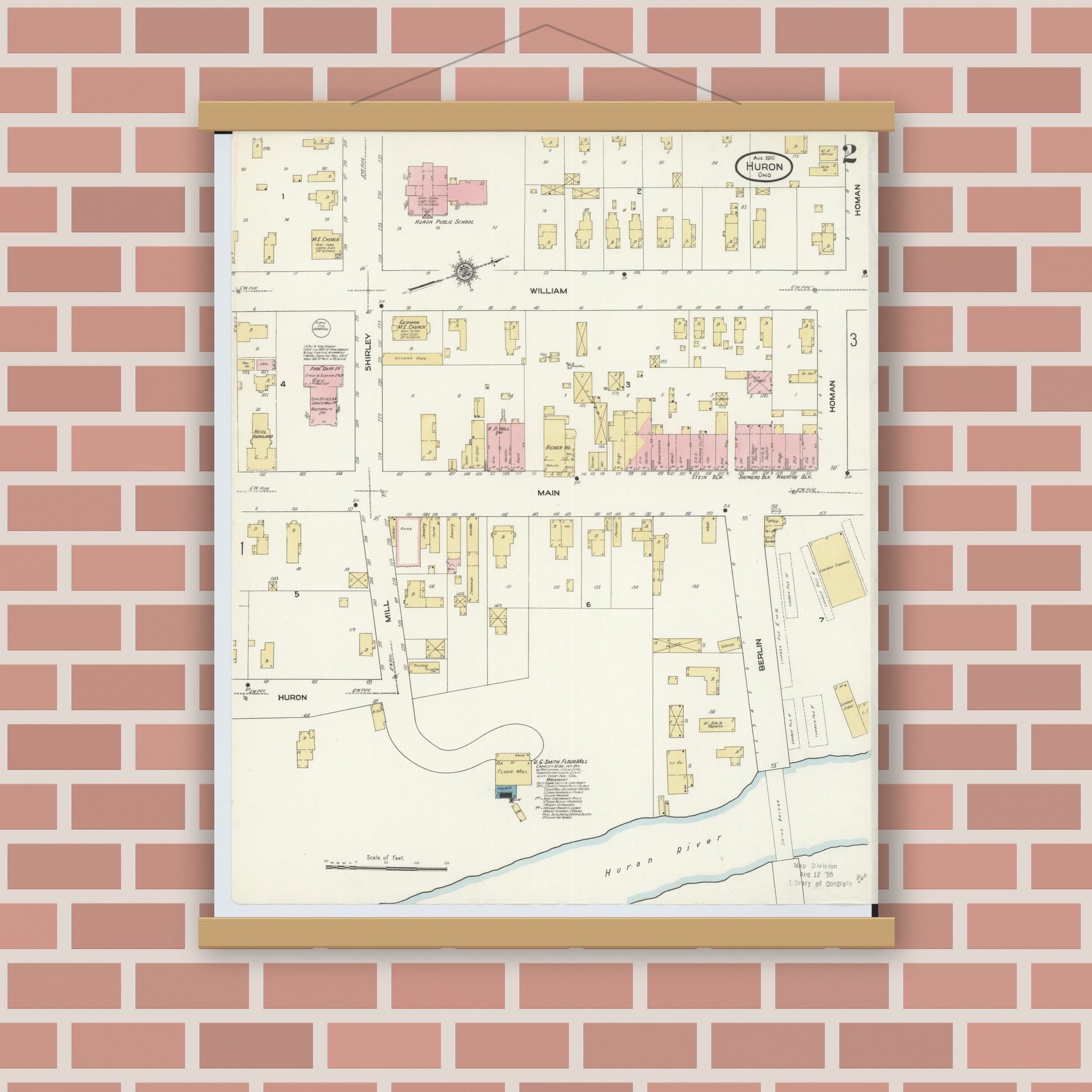 Old map wall art mockup — magnetic wood frame on brick wall — Sanborn Fire Insurance Map from Huron, Erie County, Ohio (1910), Sheet #0002
