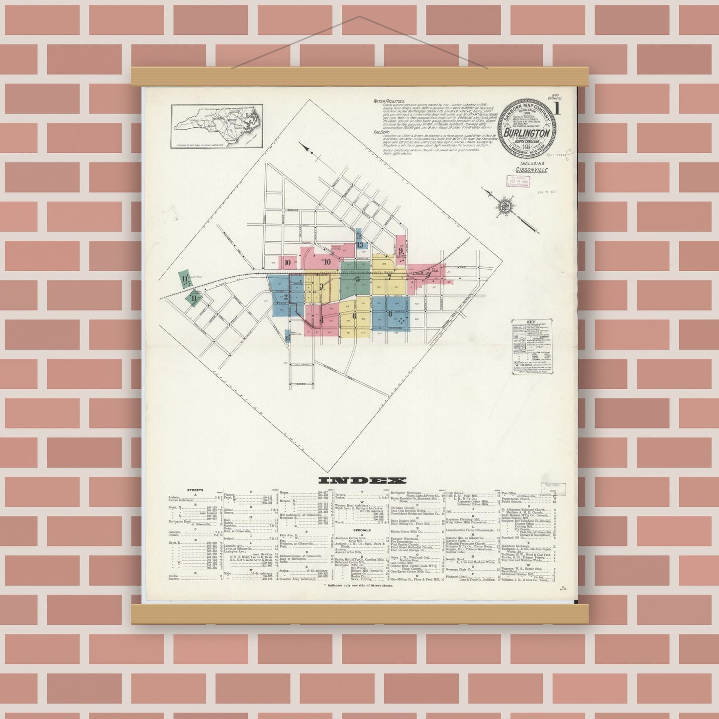 Old map wall art mockup — magnetic wood frame on brick wall — Sanborn Fire Insurance Map from Burlington, Alamance County, North Carolina (1913) - Complete Map Set
