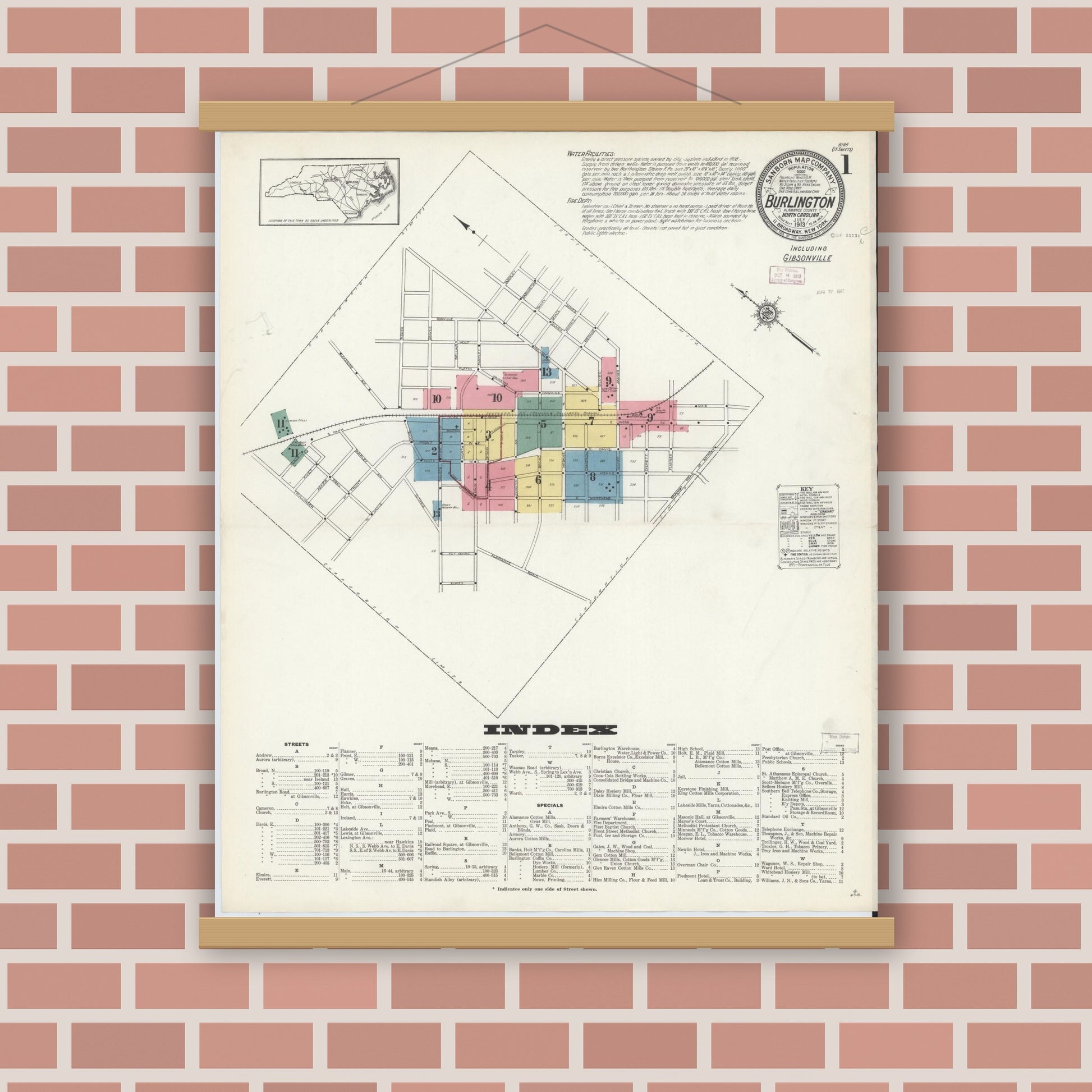 Old map wall art mockup — magnetic wood frame on brick wall — Sanborn Fire Insurance Map from Burlington, Alamance County, North Carolina (1913) - Complete Map Set