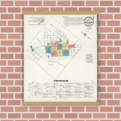 Old map wall art mockup — magnetic wood frame on brick wall — Sanborn Fire Insurance Map from Burlington, Alamance County, North Carolina (1913) - Complete Map Set