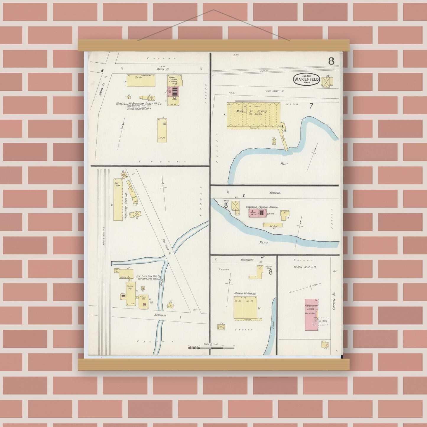 Old map wall art mockup — magnetic wood frame on brick wall — Sanborn Fire Insurance Map from Wakefield, Middlesex County, Massachusetts (1897), Sheet #0008