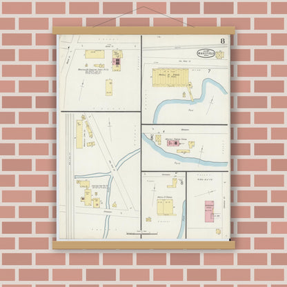 Old map wall art mockup — magnetic wood frame on brick wall — Sanborn Fire Insurance Map from Wakefield, Middlesex County, Massachusetts (1897), Sheet #0008