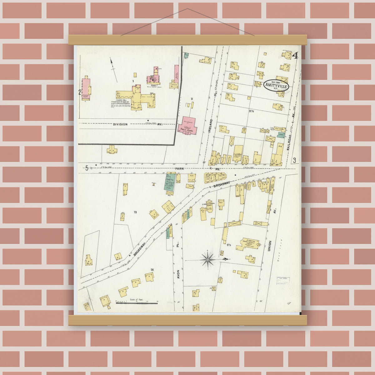 Old map wall art mockup — magnetic wood frame on brick wall — Sanborn Fire Insurance Map from Amityville, Suffolk County, New York (1904), Sheet #0004