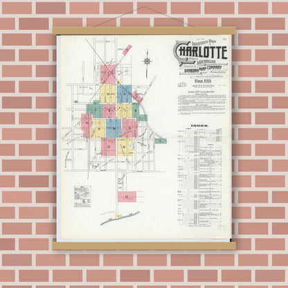 Old map wall art mockup — magnetic wood frame on brick wall — Sanborn Fire Insurance Map from Charlotte, Eaton County, Michigan (1911), Sheet #0001