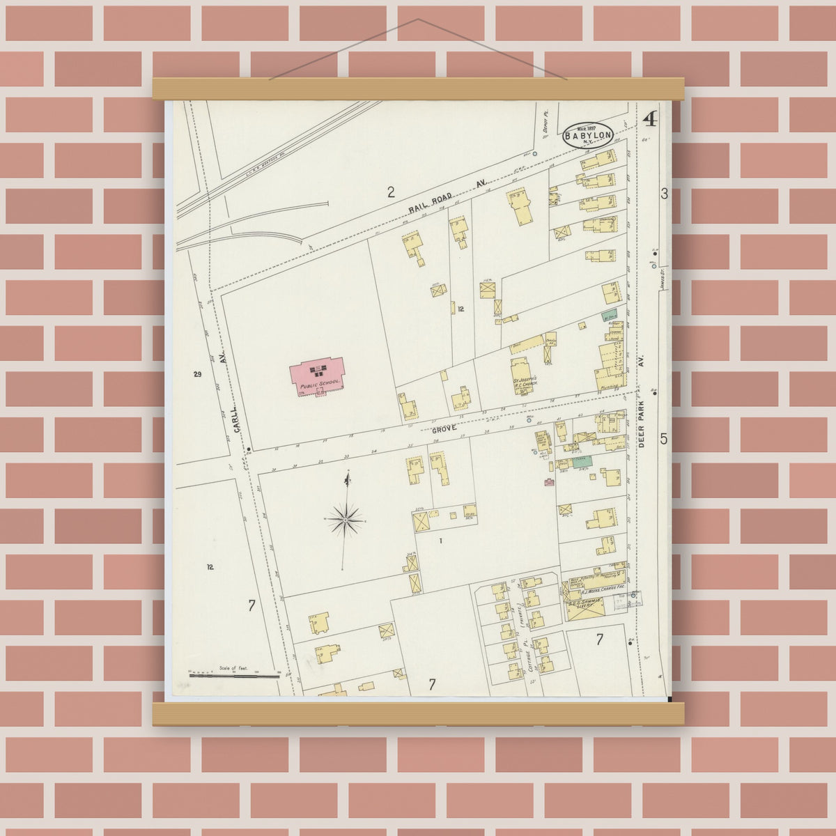 Old map wall art mockup — magnetic wood frame on brick wall — Sanborn Fire Insurance Map from Babylon, Suffolk County, New York (1897), Sheet #0004
