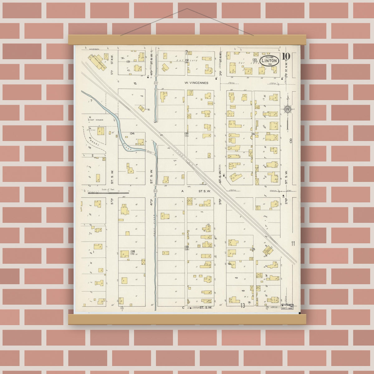 Old map wall art mockup — magnetic wood frame on brick wall — Sanborn Fire Insurance Map from Linton, Greene County, Indiana (1915), Sheet #0010