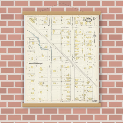 Old map wall art mockup — magnetic wood frame on brick wall — Sanborn Fire Insurance Map from Linton, Greene County, Indiana (1915), Sheet #0010