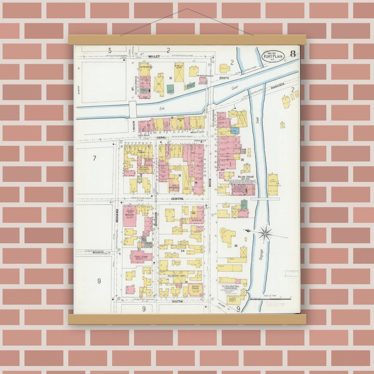 Old map wall art mockup — magnetic wood frame on brick wall — Sanborn Fire Insurance Map from Fort Plain, Montgomery County, New York (1901), Sheet #0008