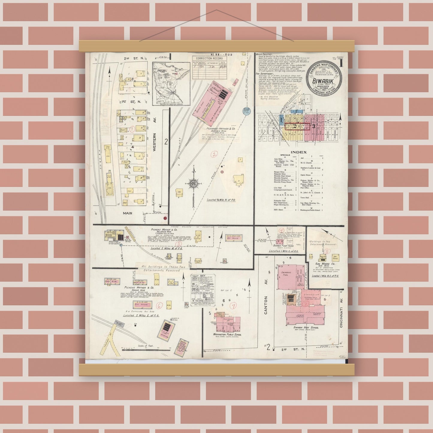 Old map wall art mockup — magnetic wood frame on brick wall — Sanborn Fire Insurance Map from Biwabik, Saint Louis County, Minnesota (1936) - Complete Map Set
