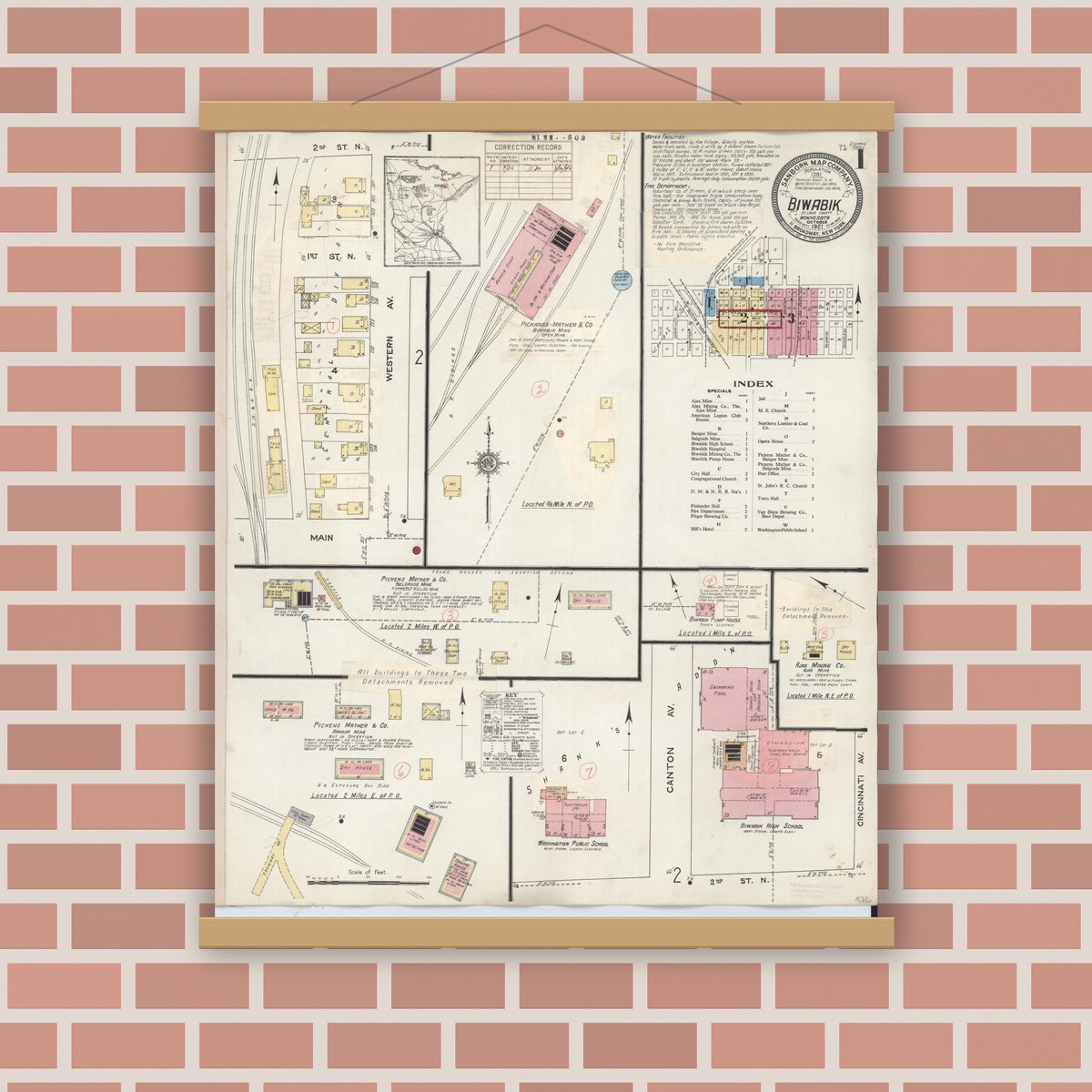 Old map wall art mockup — magnetic wood frame on brick wall — Sanborn Fire Insurance Map from Biwabik, Saint Louis County, Minnesota (1936) - Complete Map Set