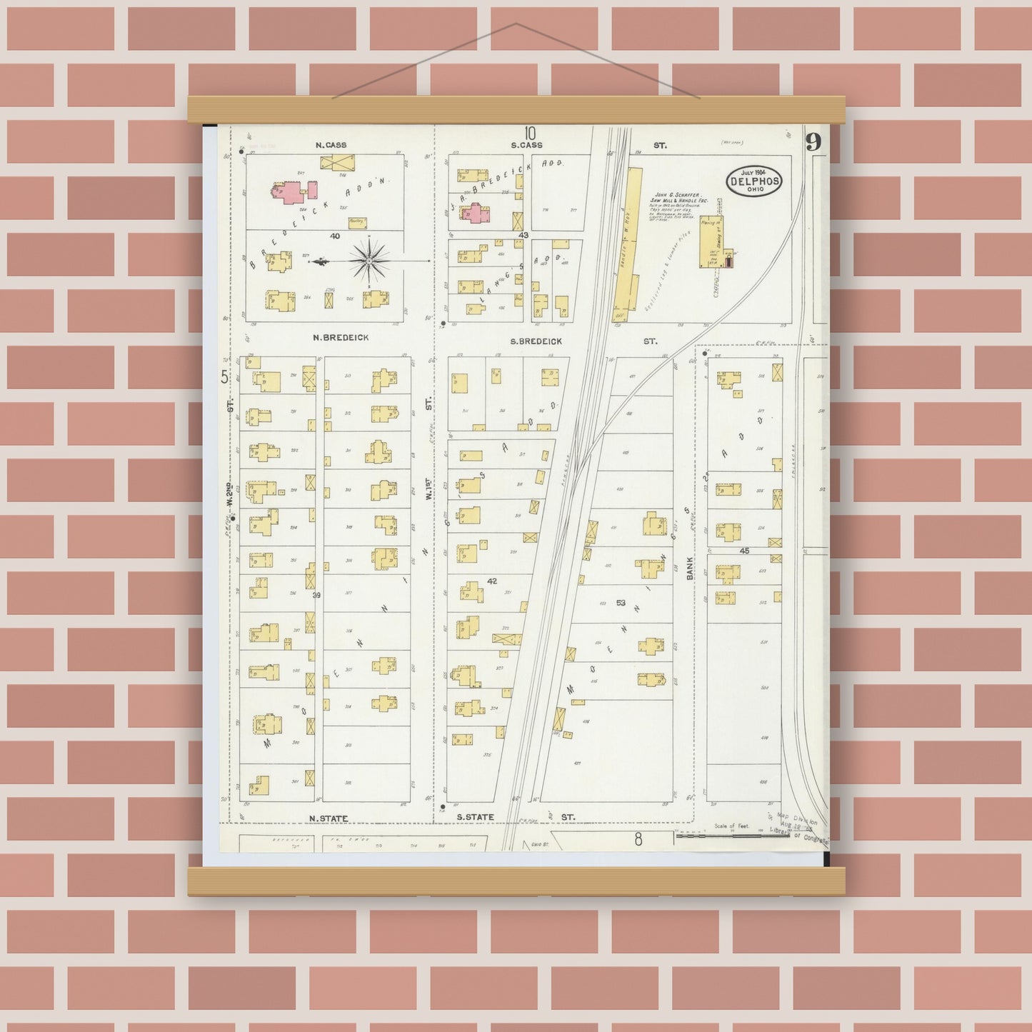 Old map wall art mockup — magnetic wood frame on brick wall — Sanborn Fire Insurance Map from Delphos, Van Wert And Allen Counties, Ohio (1904), Sheet #0009