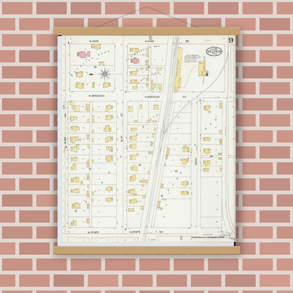 Old map wall art mockup — magnetic wood frame on brick wall — Sanborn Fire Insurance Map from Delphos, Van Wert And Allen Counties, Ohio (1904), Sheet #0009