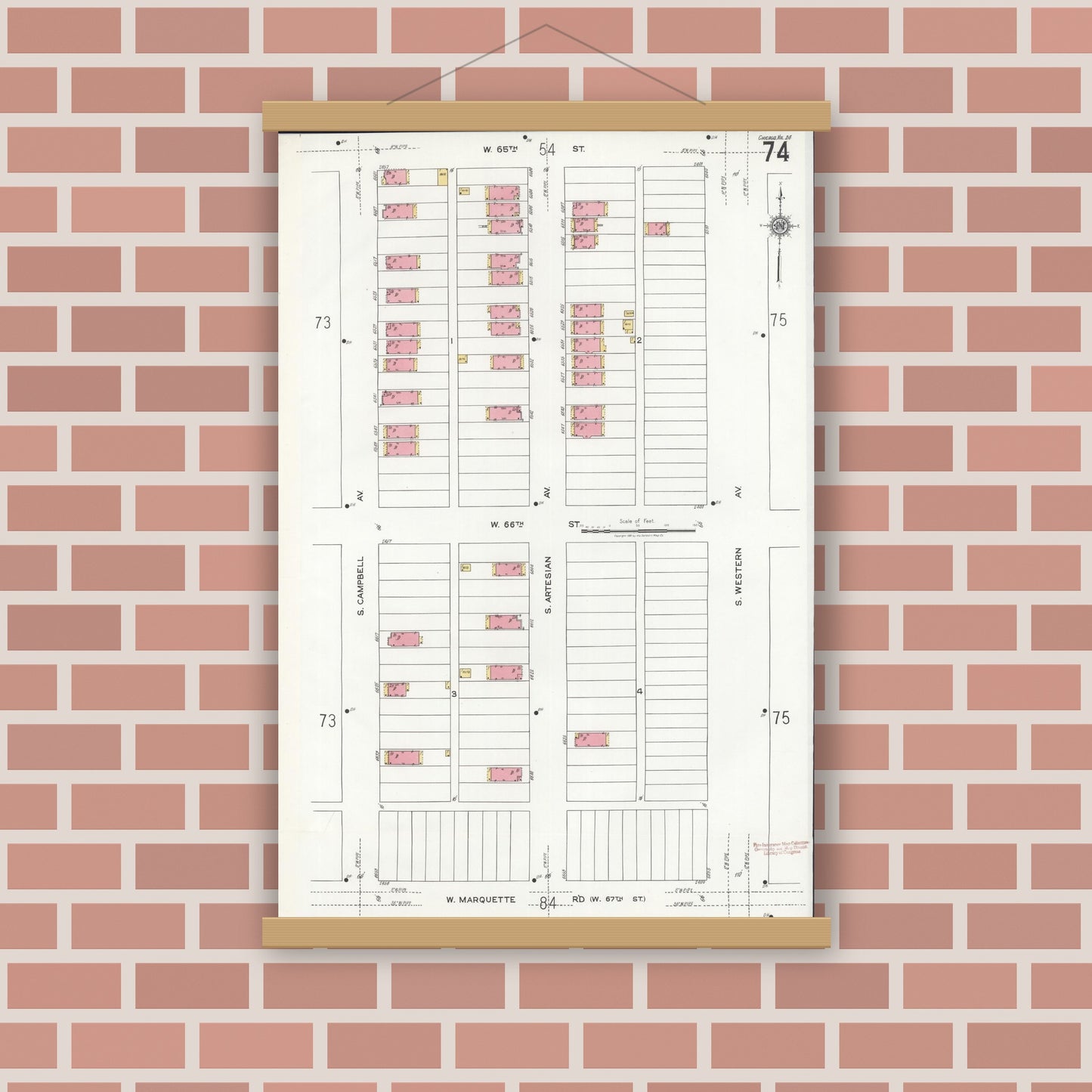 Old map wall art mockup — magnetic wood frame on brick wall — Sanborn Fire Insurance Map from Chicago, Cook County, Illinois (1920), Sheet #0074