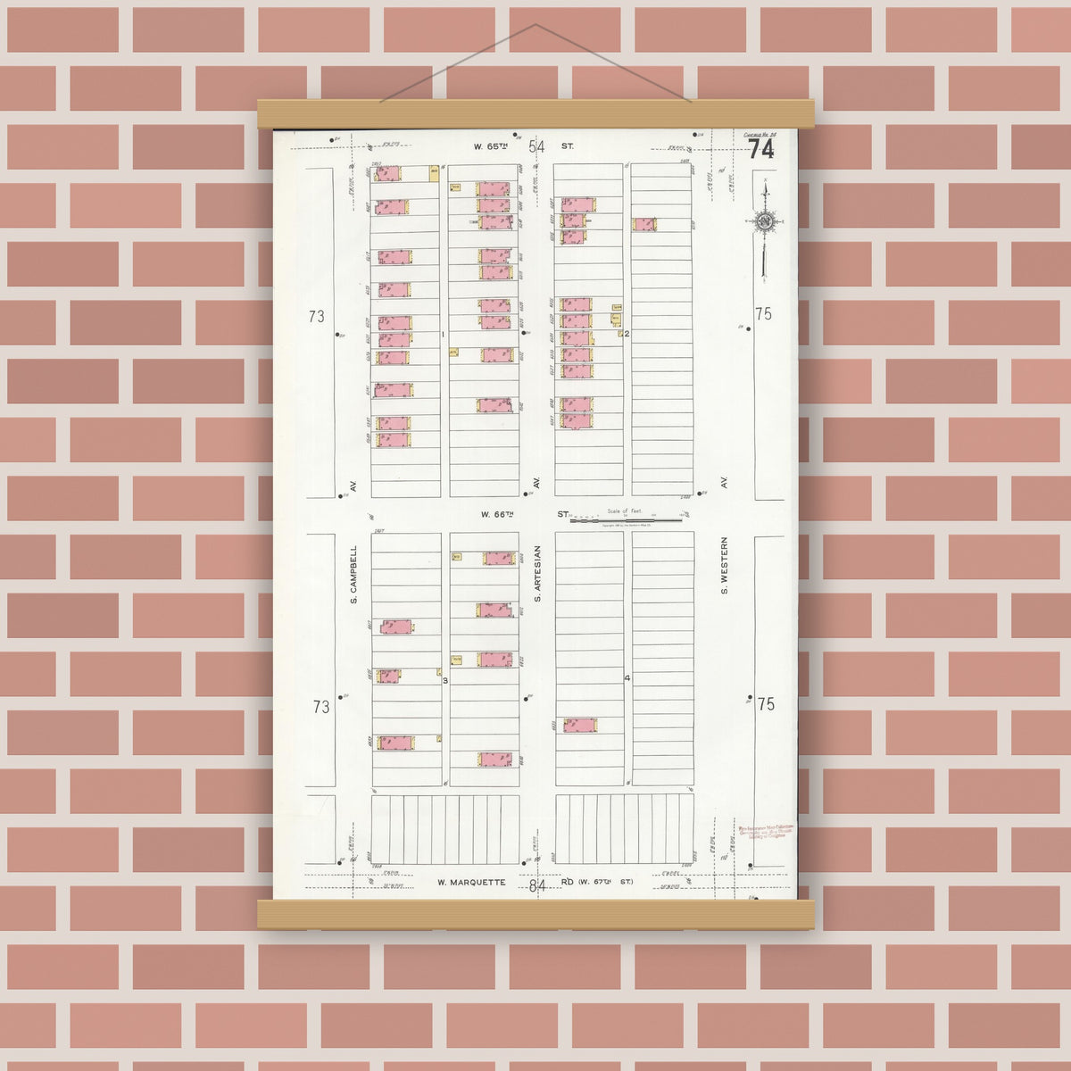 Old map wall art mockup — magnetic wood frame on brick wall — Sanborn Fire Insurance Map from Chicago, Cook County, Illinois (1920), Sheet #0074
