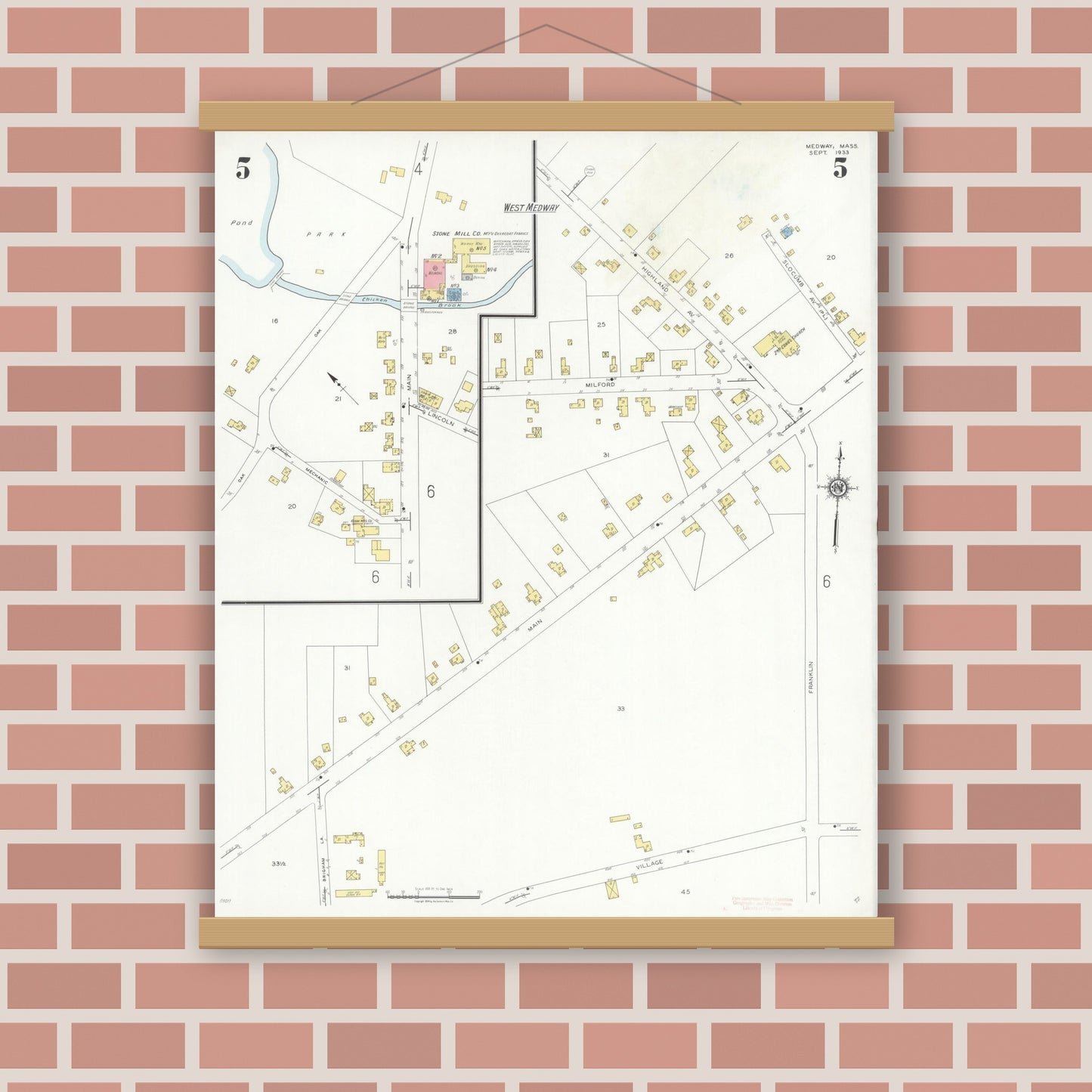 Old map wall art mockup — magnetic wood frame on brick wall — Sanborn Fire Insurance Map from Medway, Norfolk County, Massachusetts (1933), Sheet #0005